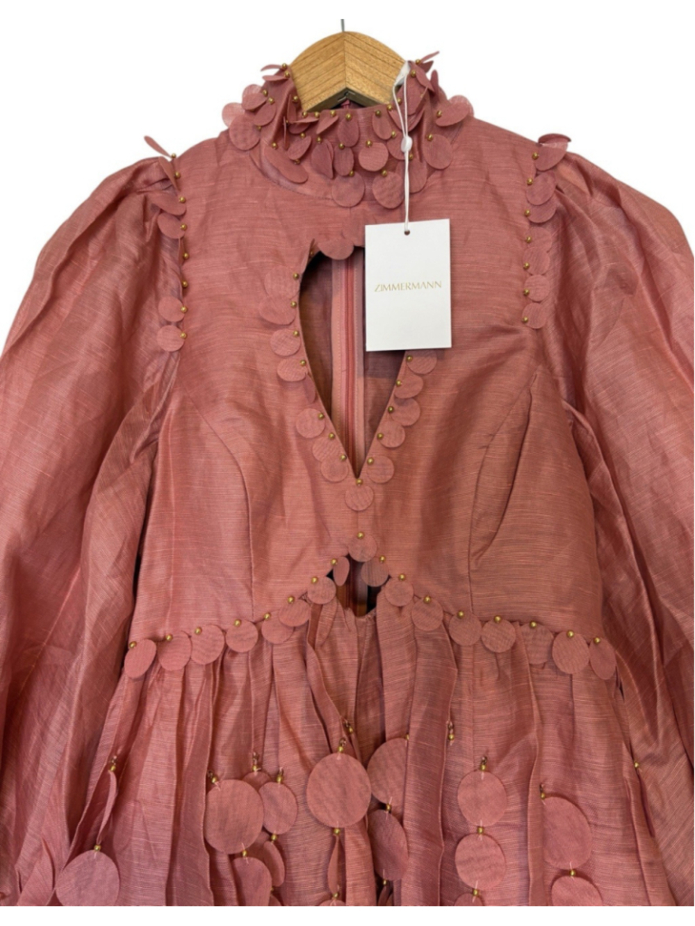Zimmermann 0 Concert Disc Pink Cutout Mini Dress Puff Sleeve Linen Silk Appliqué - Picture 10 of 15